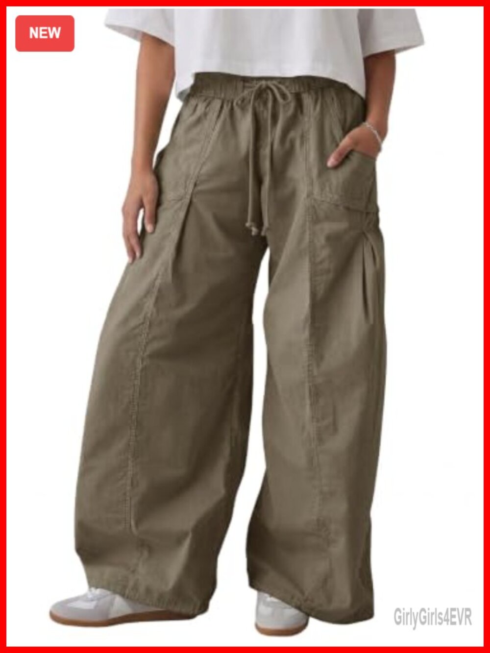 Wide Leg High Rise Cargo Pants Cotton Drawstring Pleated Front